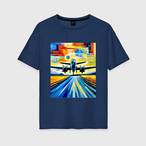 Женская футболка оверсайз Самолет на взлете / Тёмно-синий – фото 1