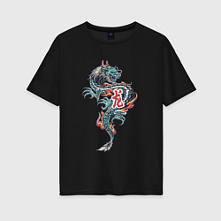 Футболка оверсайз женская Китайский дракон с иероглифами, цвет: черный