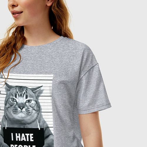 Женская футболка оверсайз Кот преступник уголовник с табличкой / Меланж – фото 3