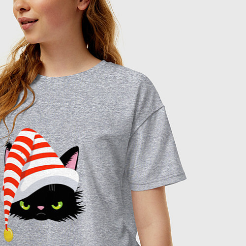 Женская футболка оверсайз Новогодний черный кот в новогоднем колпаке / Меланж – фото 3