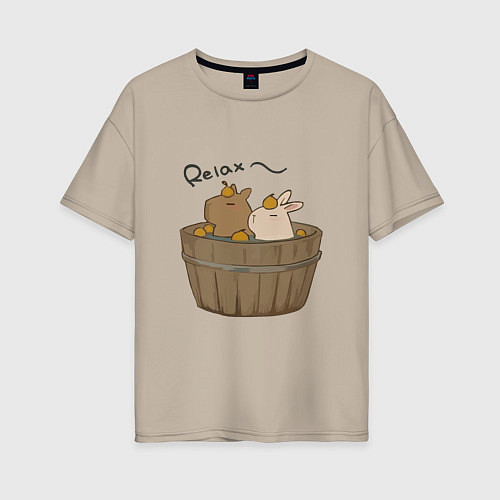 Женская футболка оверсайз Милая капибара с зайчиком и апельсинкой / Миндальный – фото 1