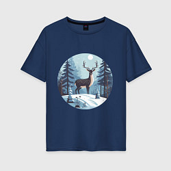 Женская футболка оверсайз Зимняя сказка олень в лесу
