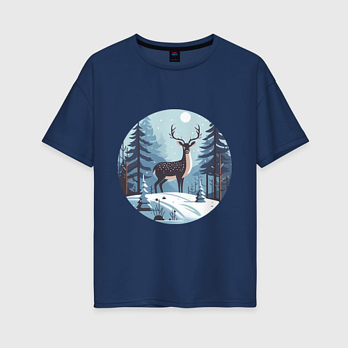 Женская футболка оверсайз Зимняя сказка олень в лесу / Тёмно-синий – фото 1