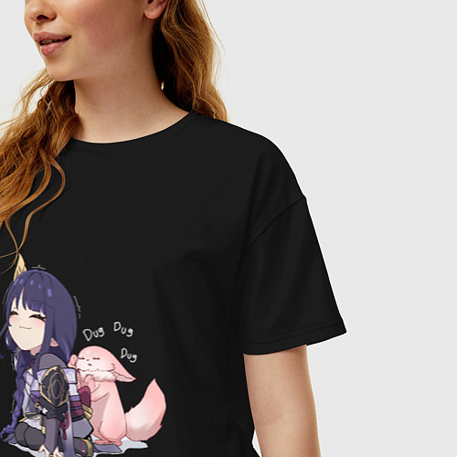 Женская футболка оверсайз Шогун Райден и лисичка Мико / Черный – фото 3