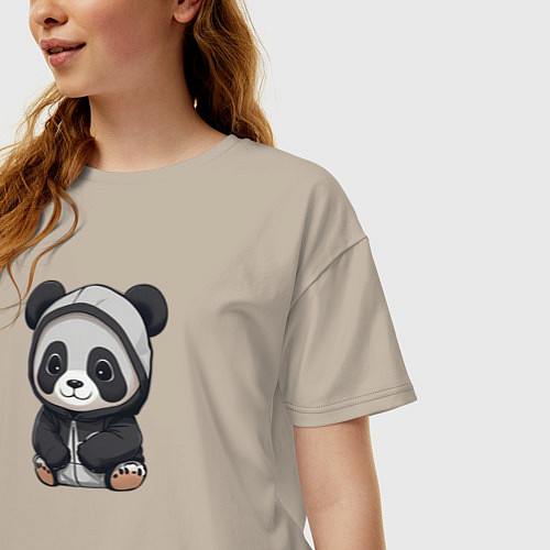 Женская футболка оверсайз Симпатичная панда в капюшоне / Миндальный – фото 3
