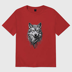 Футболка оверсайз женская Волк в серых тонах, цвет: красный