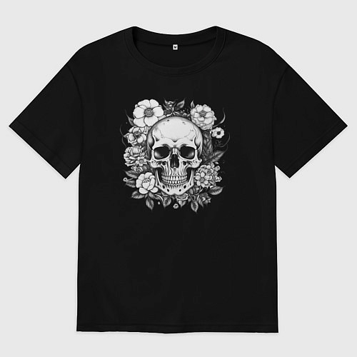 Женская футболка оверсайз Skull in flowers from napalm 696 / Черный – фото 1