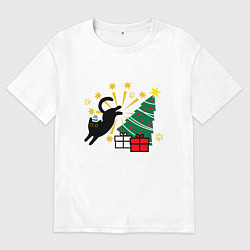 Футболка оверсайз женская Кот и елка, цвет: белый