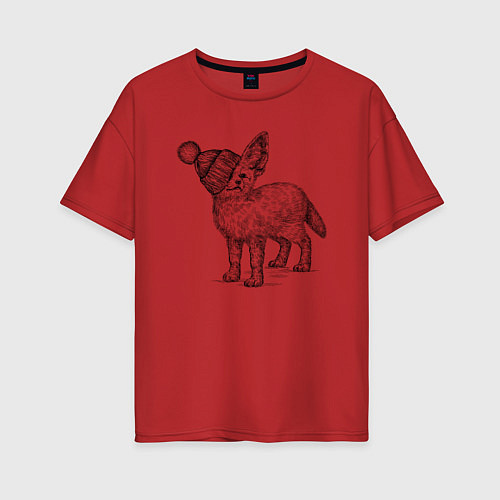 Женская футболка оверсайз Фенек в шапке / Красный – фото 1