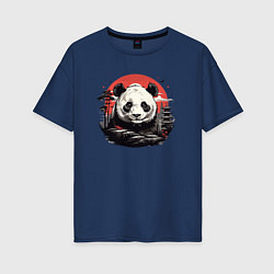 Футболка оверсайз женская Панда с красным солнцем, цвет: тёмно-синий