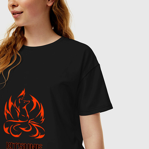 Женская футболка оверсайз Огненная лисица-демон / Черный – фото 3