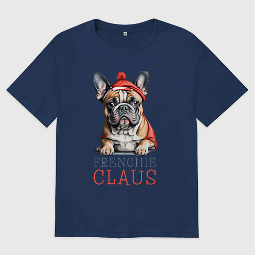 Женская футболка оверсайз Французский новогодний бульдог / Тёмно-синий – фото 1