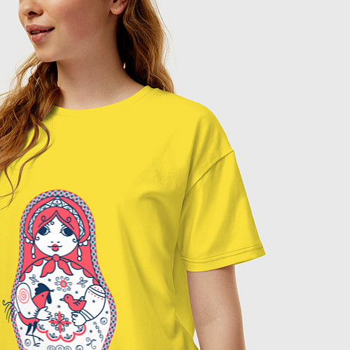 Женская футболка оверсайз Матрешка с красным петухом по мотивам мезенской ро / Желтый – фото 3