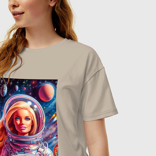 Женская футболка оверсайз Красавица Барби в космосе - нейросеть / Миндальный – фото 3