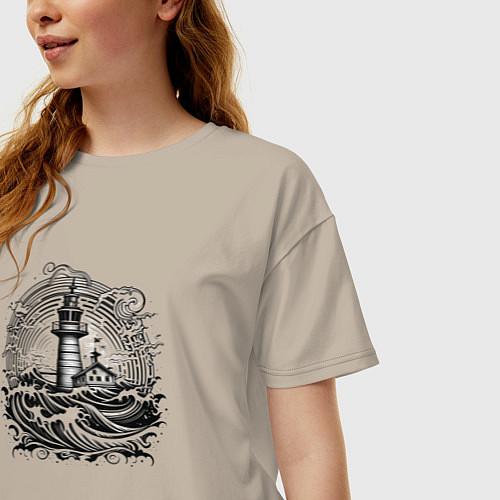 Женская футболка оверсайз Море и маяк / Миндальный – фото 3
