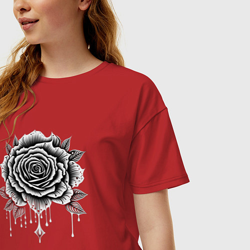 Женская футболка оверсайз Черно белая роза цветы / Красный – фото 3