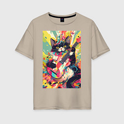 Футболка оверсайз женская Красочный кот-гитарист, цвет: миндальный