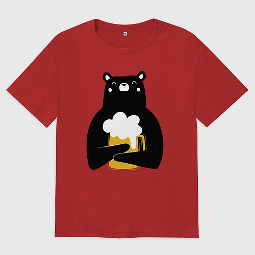 Женская футболка оверсайз Мишка с кружкой пива / Красный – фото 1