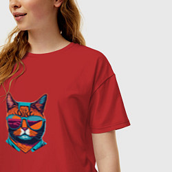 Футболка оверсайз женская Модный кот в стильных очках, цвет: красный — фото 2