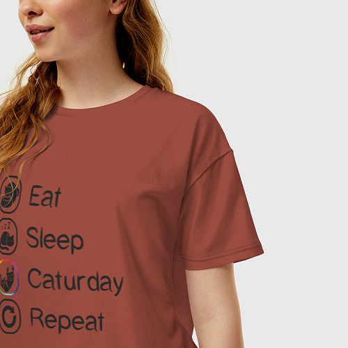 Женская футболка оверсайз Eat sleep caturday / Кирпичный – фото 3