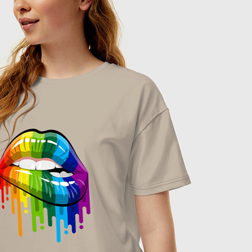 Женская футболка оверсайз Rainbow lips / Миндальный – фото 3