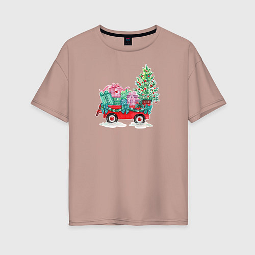 Женская футболка оверсайз Красный рождественский грузовик / Пыльно-розовый – фото 1