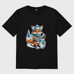 Футболка оверсайз женская Лис спортсмен катается на лыжах в зимнем лесу, цвет: черный