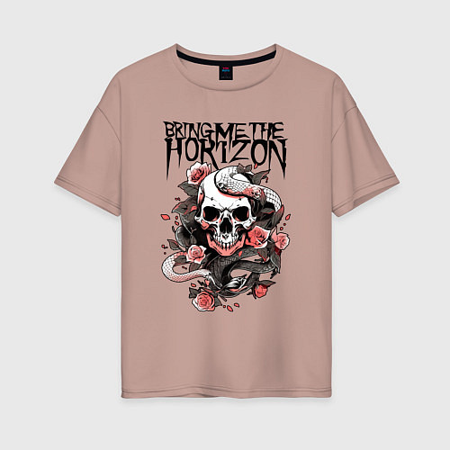 Женская футболка оверсайз Bring Me the Horizon - A skull with roses / Пыльно-розовый – фото 1