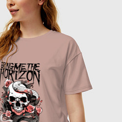 Футболка оверсайз женская Bring Me the Horizon - A skull with roses, цвет: пыльно-розовый — фото 2