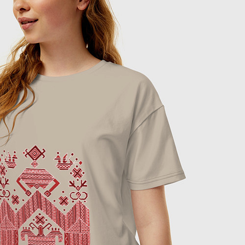 Женская футболка оверсайз Красные славянская узоры вышивки / Миндальный – фото 3