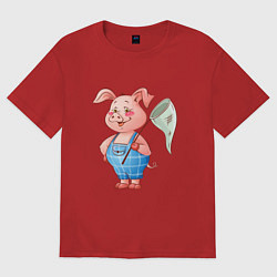 Женская футболка оверсайз Мультяшный поросенок с сачком