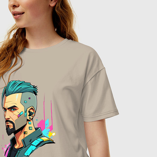 Женская футболка оверсайз Портрет мужчины с бородой Cyberpunk 2077 / Миндальный – фото 3