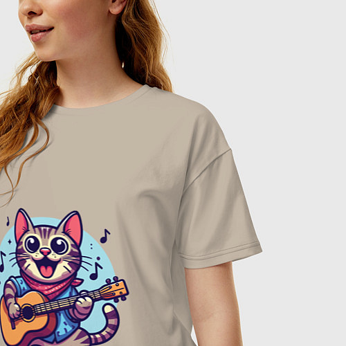 Женская футболка оверсайз Полосатый кот играет на гитаре / Миндальный – фото 3