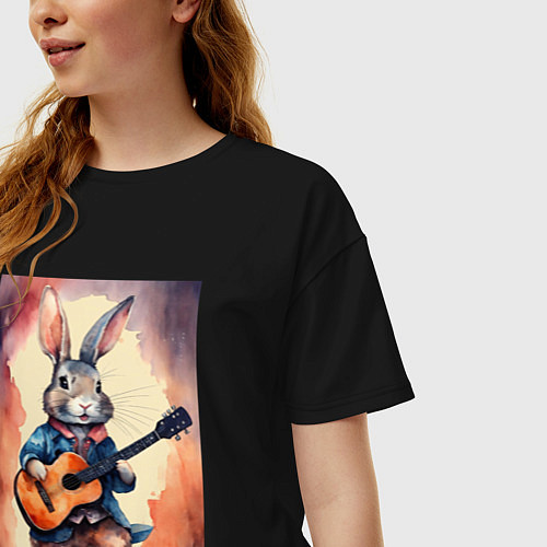Женская футболка оверсайз Милый романтичный кролик c гитарой / Черный – фото 3