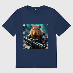 Женская футболка оверсайз Мем вооруженная капибара и автомат