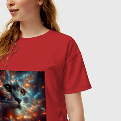 Футболка оверсайз женская Портрет кота в космической туманности, цвет: красный — фото 2