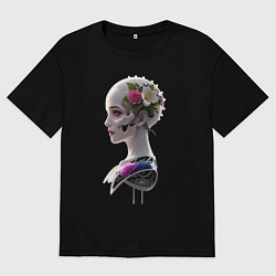 Футболка оверсайз женская Фантастическая девушка робот цветы и механизм, цвет: черный