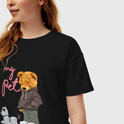 Женская футболка оверсайз Плюшевый медведь с роботом-собакой / Черный – фото 3