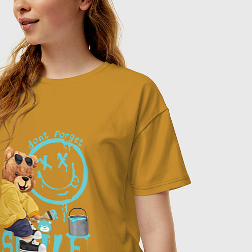 Женская футболка оверсайз Плюшевый медведь и смайлик / Горчичный – фото 3