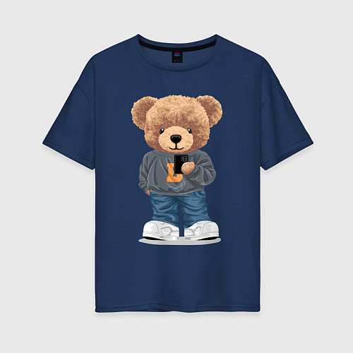 Женская футболка оверсайз Плюшевый медвежонок делает селфи / Тёмно-синий – фото 1