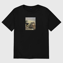 Футболка оверсайз женская Кот с бокалом, цвет: черный