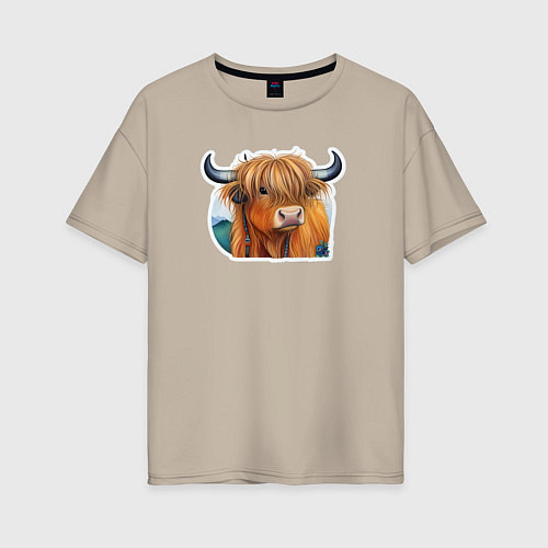 Женская футболка оверсайз Шотландский волосатый бык / Миндальный – фото 1