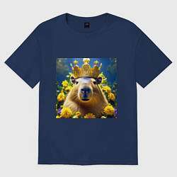 Футболка оверсайз женская Мем капибара царь на троне и желтые цветы, цвет: тёмно-синий
