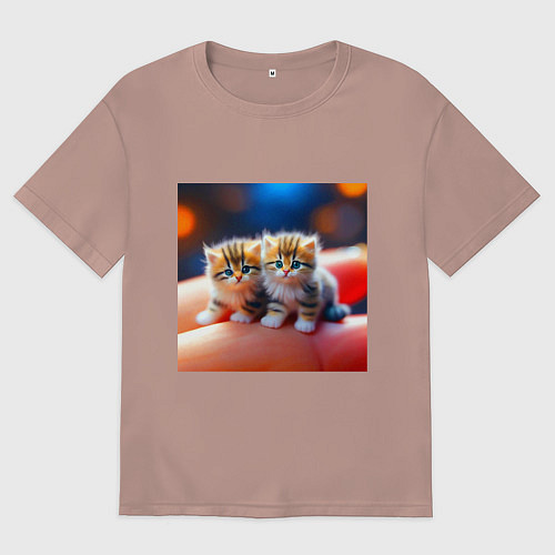 Женская футболка оверсайз Два милых пушистых котика сидят на ладони / Пыльно-розовый – фото 1