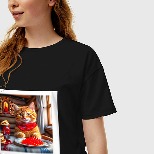 Женская футболка оверсайз Рыжий котик джентельмен: когда лев голоден он ест / Черный – фото 3