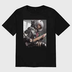 Женская футболка оверсайз Девчонка рок гитарист с чёрным котом