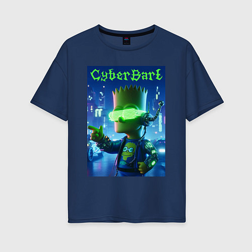 Женская футболка оверсайз Cyber Bart - neon glow ai art / Тёмно-синий – фото 1