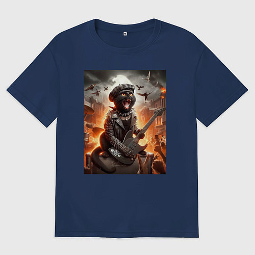 Женская футболка оверсайз Чёрный котик играет на гитаре - нейросеть / Тёмно-синий – фото 1