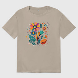 Женская футболка оверсайз Яркий цветок, веточки и листья