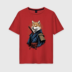 Женская футболка оверсайз Собака Сиба-ину самурай